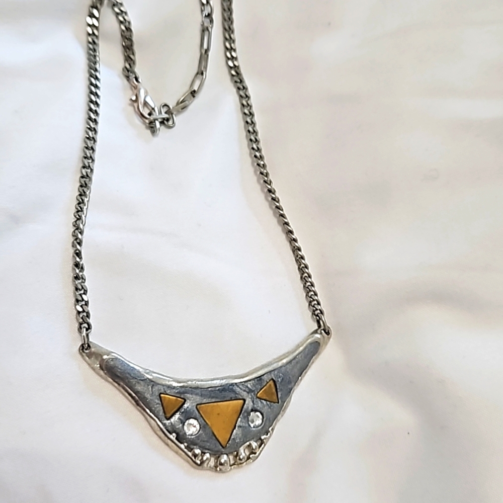 Retro Brutalist Avant Garde Mixed Metal     Pendant w/Attached Chain